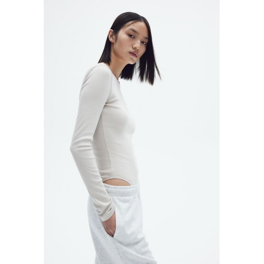 

H M Scoop Back Ribbed Bodysuit Light Beige