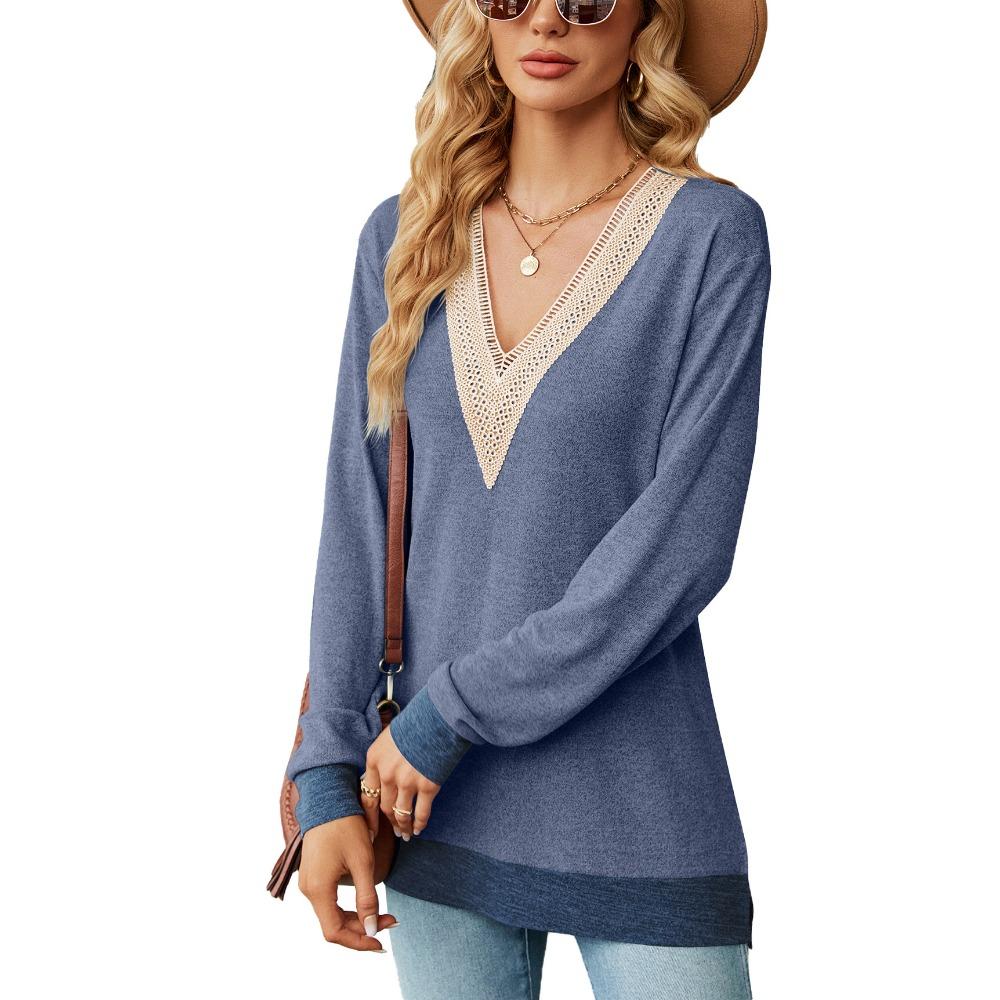 Women's Long Sleeve T-Shirt Fall/Winter Sweatshirt Women's Lace V-Neck Color-Blocked Split Hem Loose Top