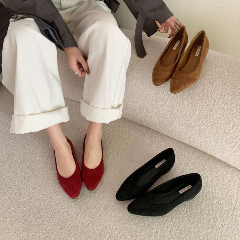 2025 Spring New Versatile Solid Color Suede Pointed Head Thin Heel Medium Heel Single Shoes Low Heel Light Mouth Ladyshoes Women's Shoes