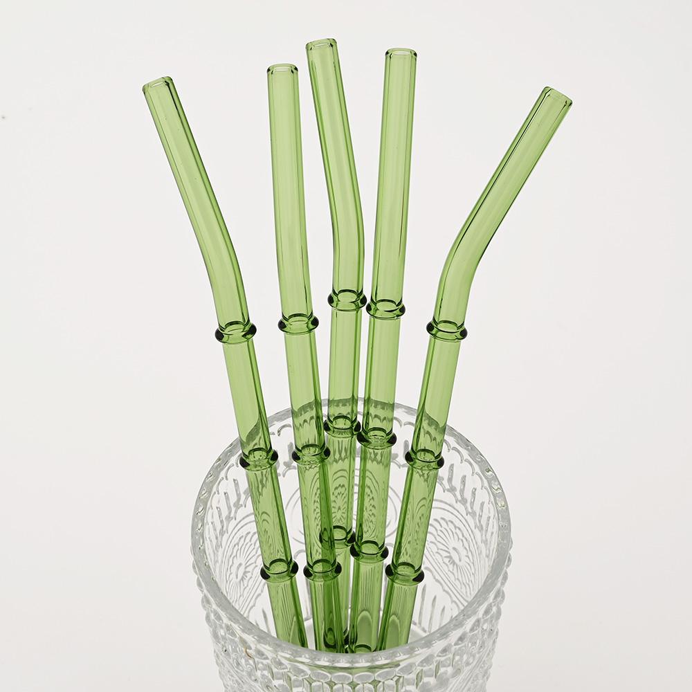 5/10Pcs Reusable Glass Straw with Brush Green Bamboo-shaped Straws Set Suitable for Milkshakes Juices Coffee Bar Accessories
