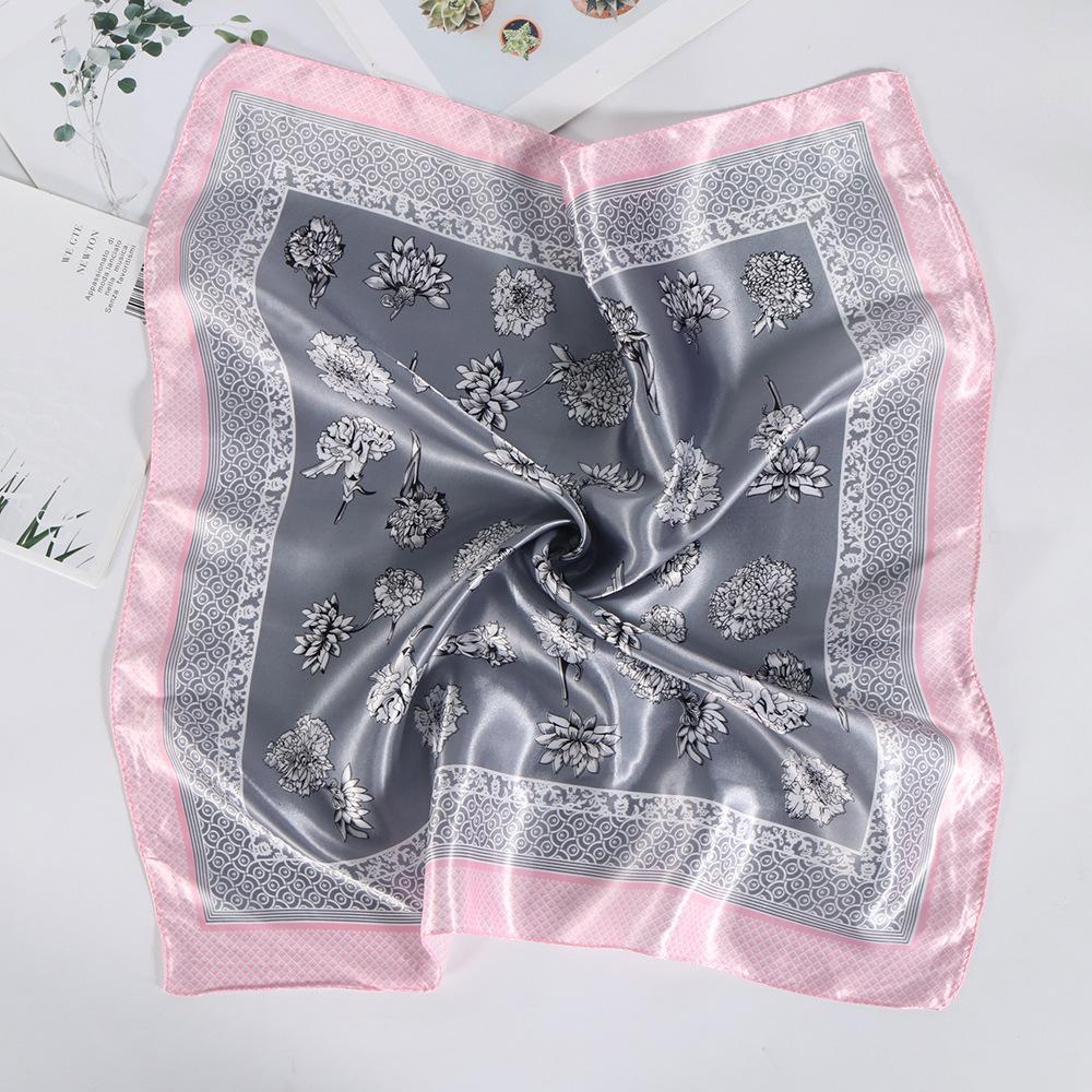 Stewardess Silk Scarf Floral Print 60Cm Small Square Scarf Satin Imitation Silk Scarf Decorative Scarf Neck Protection Scarf