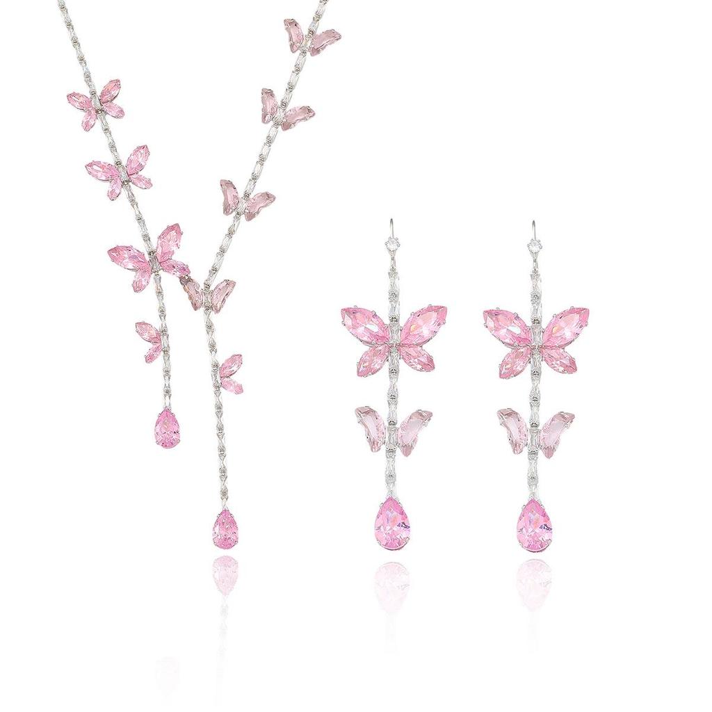 Cross-border Fashion Trend: Pink Butterfly Zircon Earrings & Necklace Set