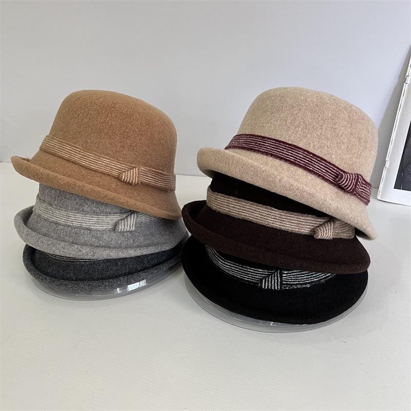 

Autumn and winter rolled edge knitted wool yarn contrasting striped decoration women s retro casual warm basin hat bucket hat M（56-58cm） чорний