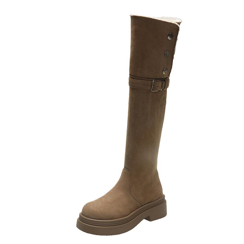 Over-the-knee Long Boots, Long Boots Plus Large Tube Circumference Retro Western Boots, Women's Autumn and Winter Velvet High Boots, Snow Boots, Knig