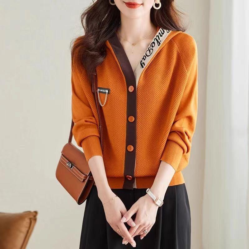 Autumn short coat women's new outer color matching hooded knitted cardigan sweater women's small top