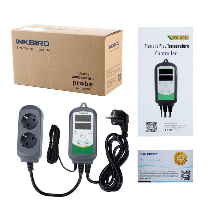 INKBIRD Digitální regulátor teploty Termostat ITC-308 AC 110-220V Zásuvka Termostat Nástroj pro řízení ohřevu/chlazení Senzor