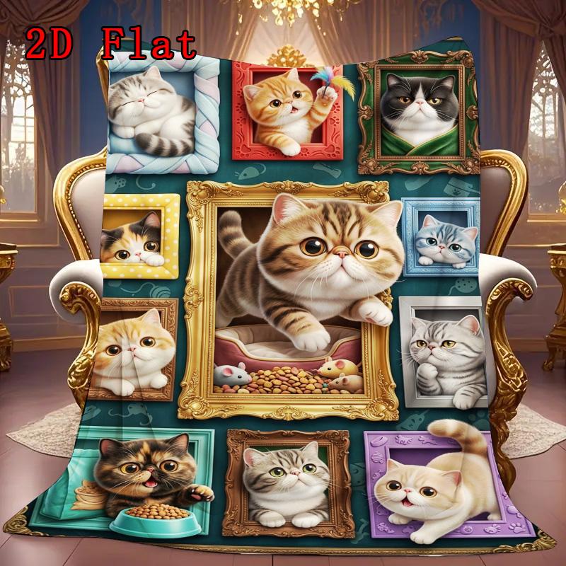 Cat Portraits 2D Flat Pattern Flannel Blanket, High quality All Seasons, Home Decor, Warmth and Comfort, Perfect for Christmas Gifts.