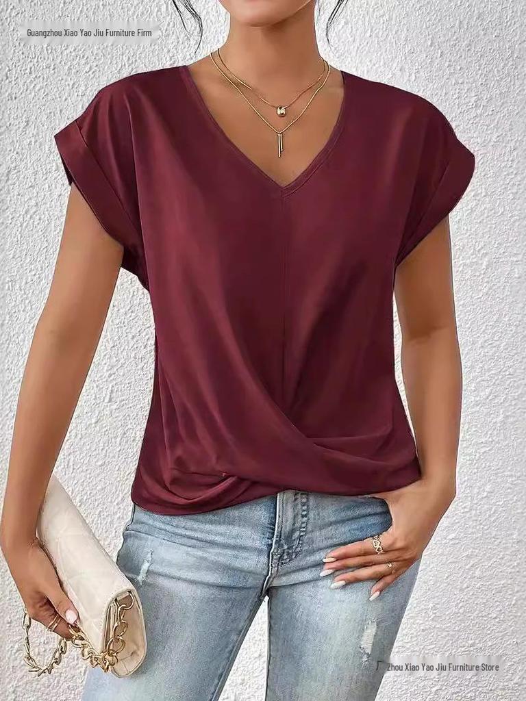Elegant Solid Color V-neck Short-sleeve T-shirt for Women - Spring/Summer Collection