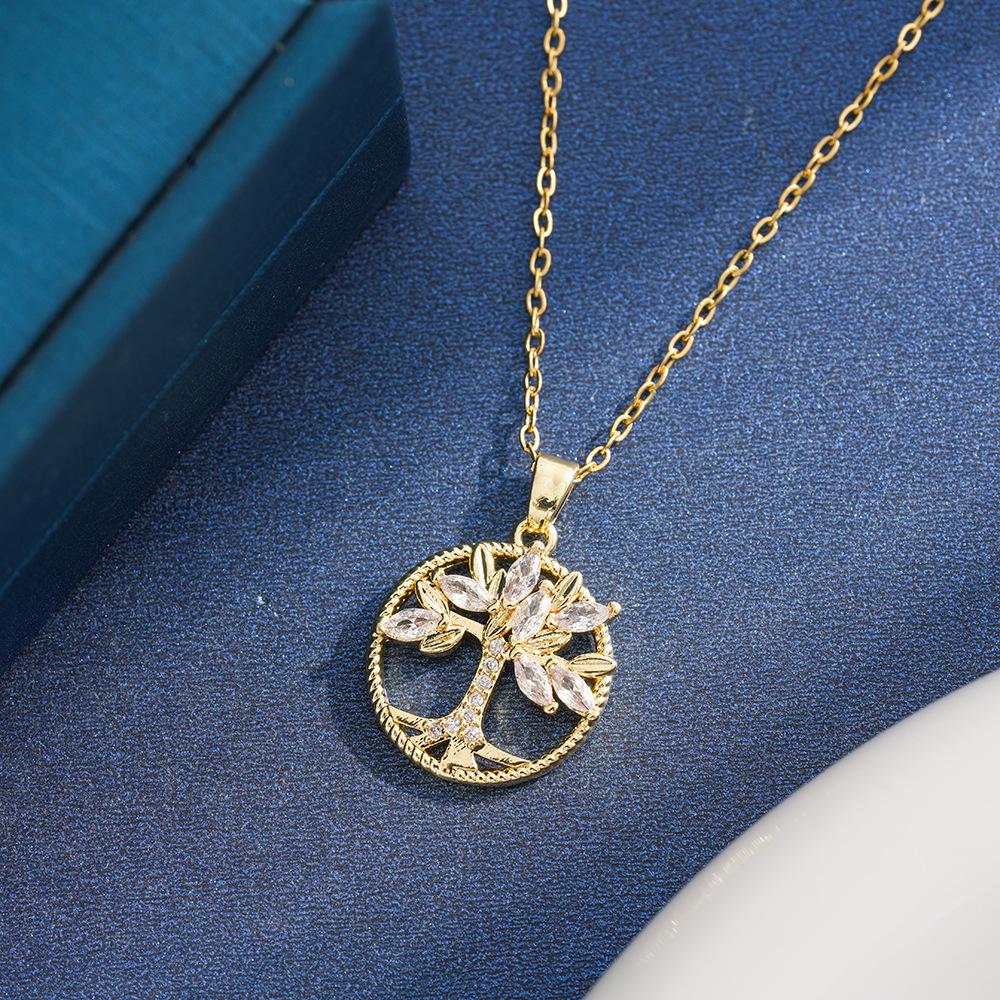 Tree of Life Round Pendant Necklace, Titanium Steel with Full Diamond, Elegant Light Luxury Clavicle Chain for Women