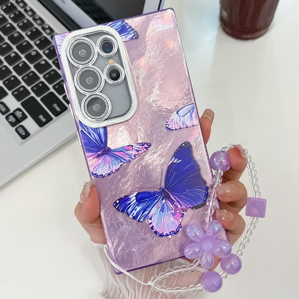 Small Fresh Embossed Butterfly Suitable for Samsung S25 Ultra Electroplated Mobile Phone Case Bracelet S24 Flash Powder Lens Film A56