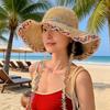 Women Handmade Straw Hat Embroidered Floral Chin Strap Sun Protection Hat Wide Brim Summer Beach Travel Hat
