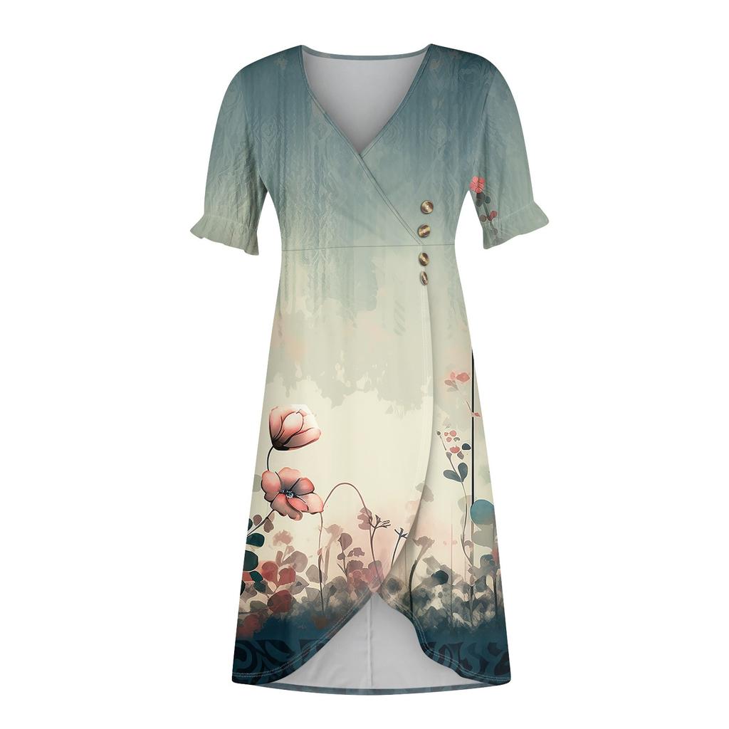 Beach Dresses For Women Spring Summer Elegant Wrap V Neck Boho Dress Flowy Ruched Hawaiian Maxi Dress