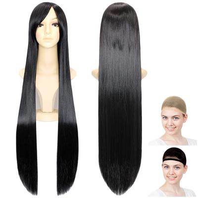 CaseEden Super Long Straight Wig with Wig Net (Set of 2) - Costume Accessory - Pure Black - 100cm