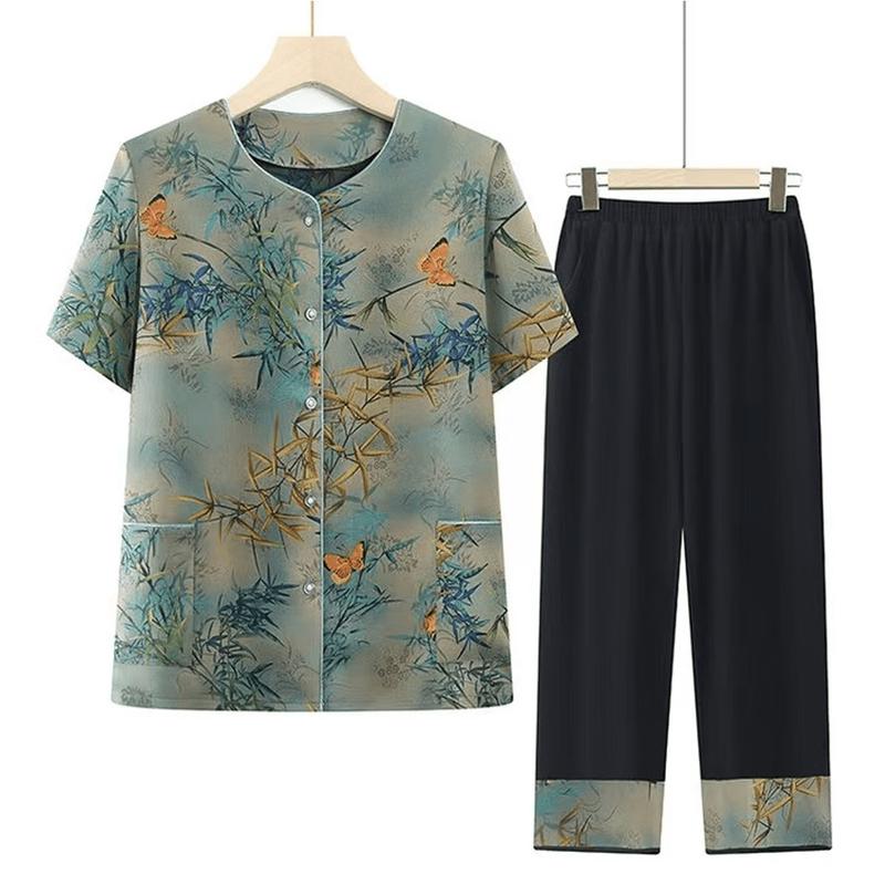 Yuzhaolin Women s Bamboo Leaf Butterfly Print Summer Short-Sleeve Set 4XL