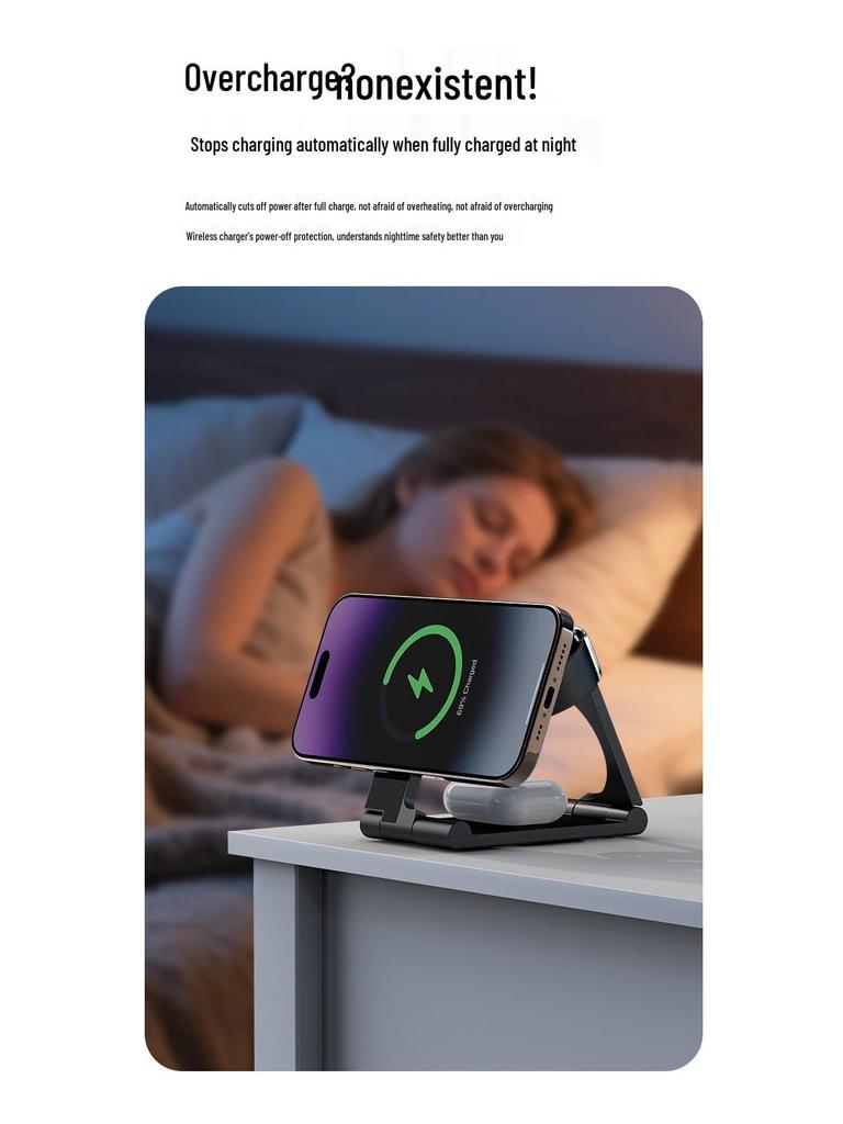 3-in-1 Foldable Wireless Magnetic Charger Stand for iPhone, Earbuds, and Watch - 15W Portable