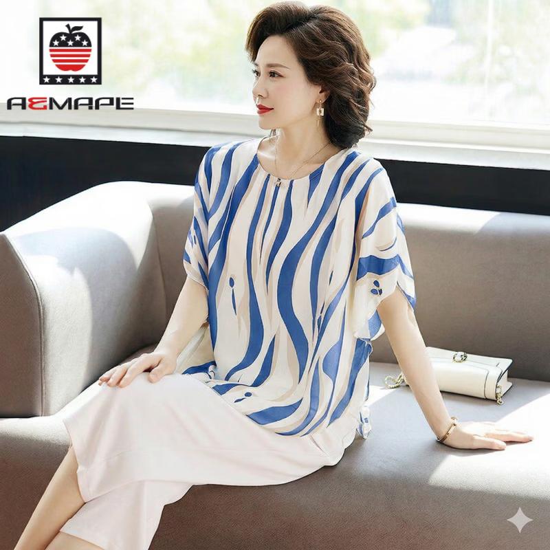AEMAPE Women s Summer Chiffon Striped Two-Piece Set 3XL