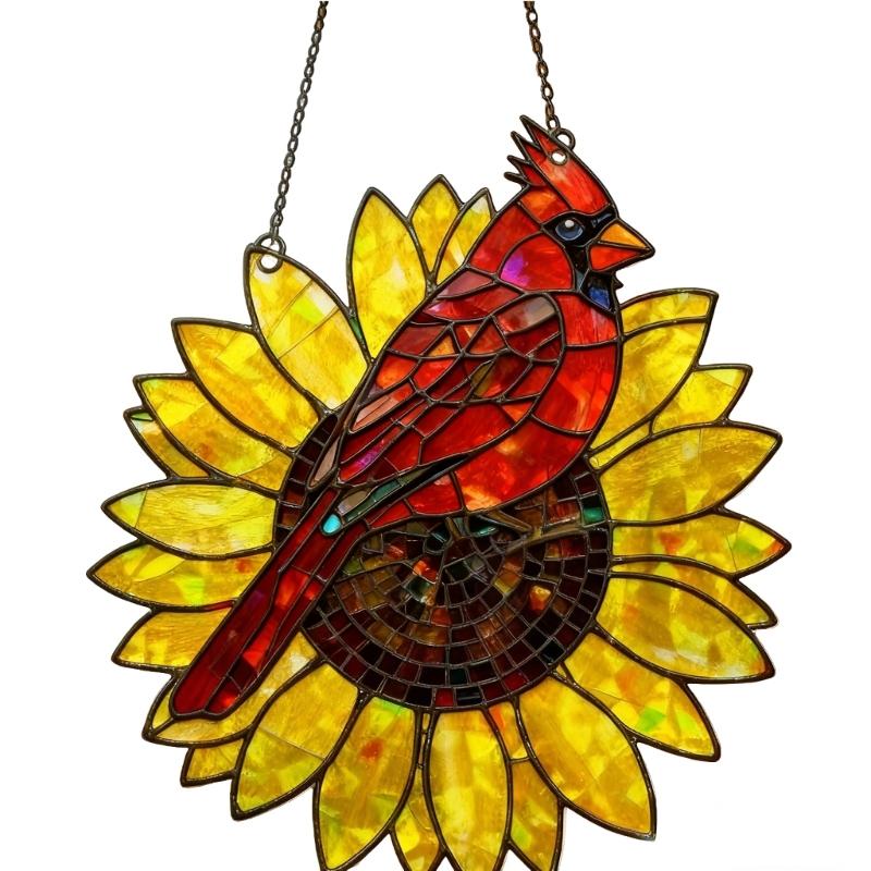 652F Stained Glass Window Hanging Birds Sunflowers Sun Catcher for Window Door Home Decors Fake Green Plant Suncatchers