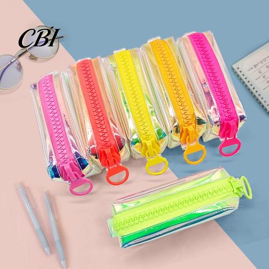 Rainbow Gradient Pen Bag Iridescent Holographic Pencil Case, Transparent Stationery with Wide Correction Tape Holder Case U-Shaped Zipper, Large