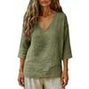 Women's Fashionable Loose-Fit -Color Cotton-Linen V-Neck Casual Blouse