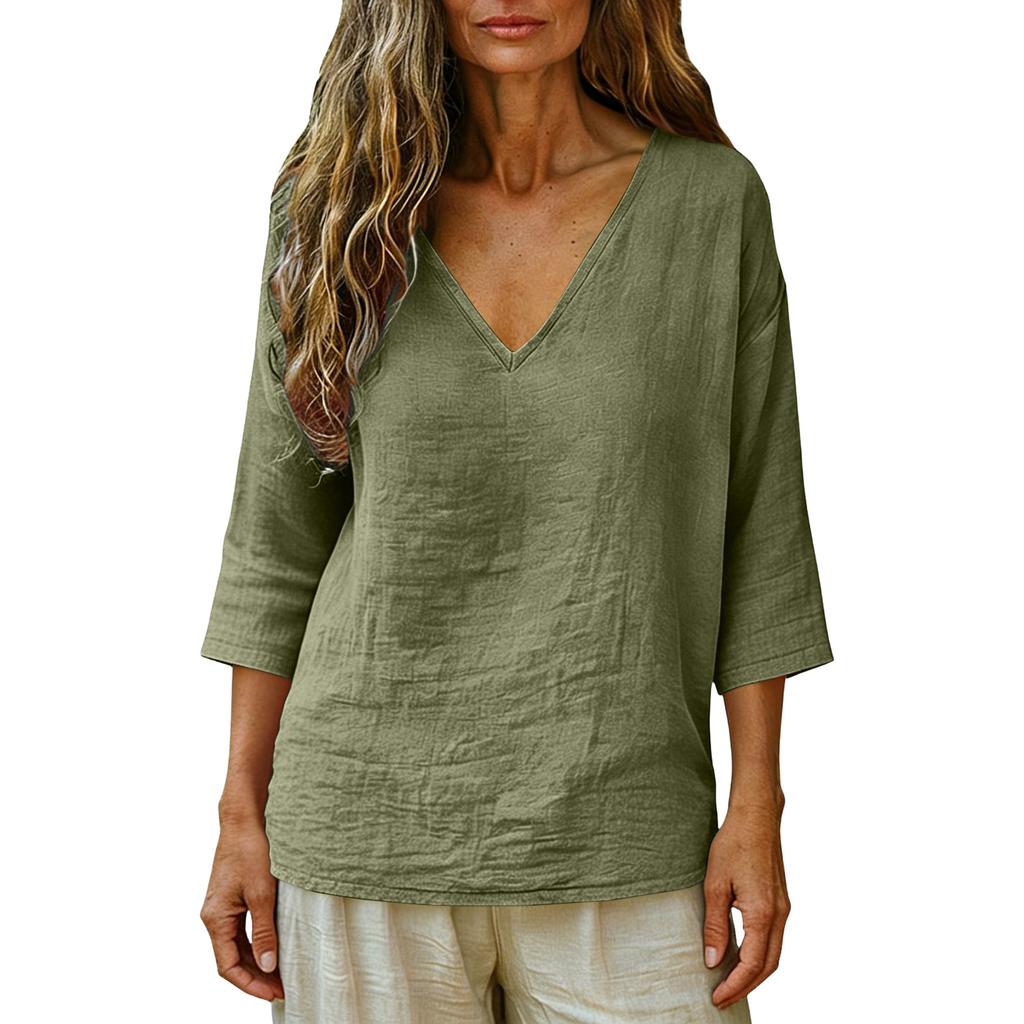 Women's Fashionable Loose-Fit -Color Cotton-Linen V-Neck Casual Blouse