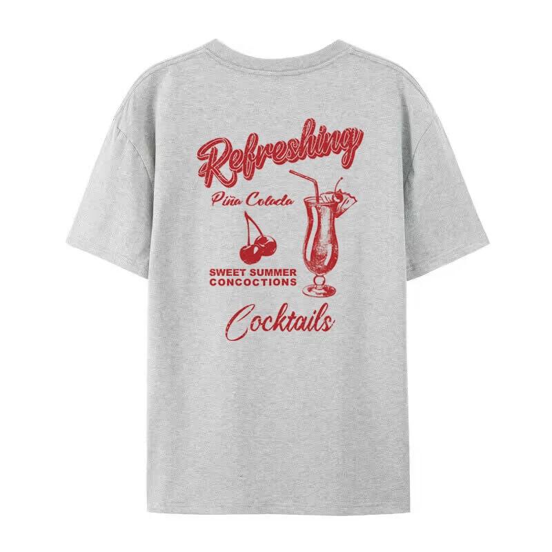 Cherry Cocktail Back Print Retro Graphic Tees Unisex Cocktail Drinking TShirts Summer Loose Beach T Shirt Unisex Vacation Tops