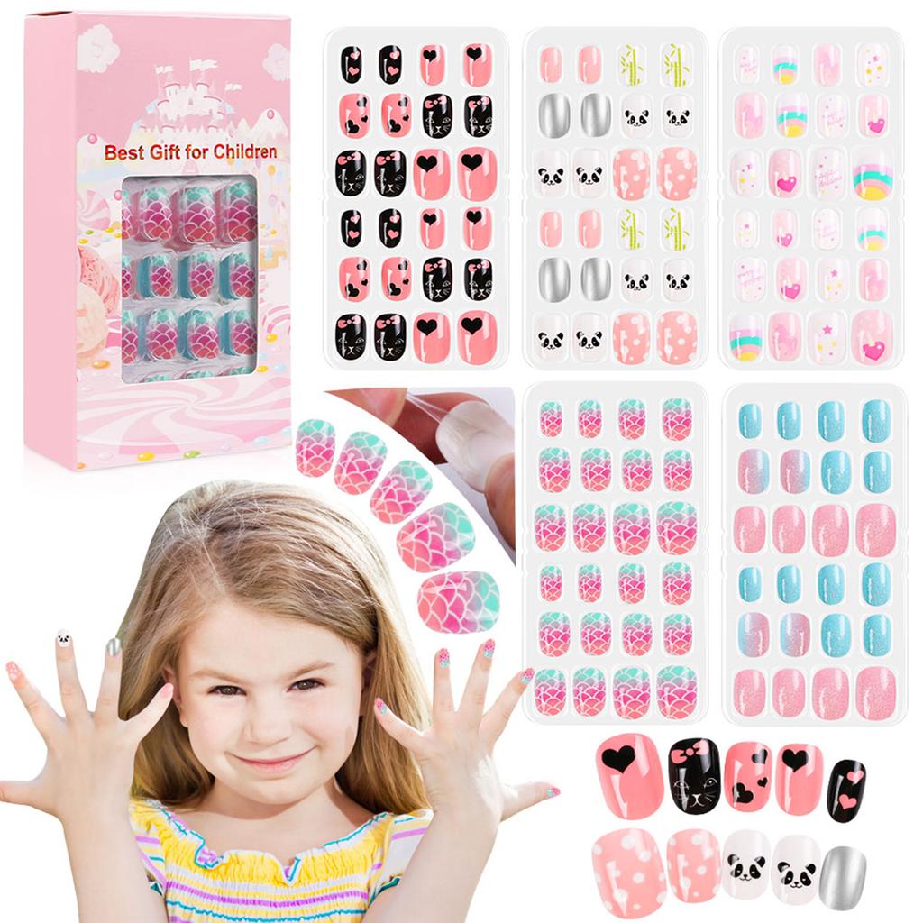 120Pcs Set Cute False Nails Full Cover Nail Tips for Children DIY Nail Art Kids Gift