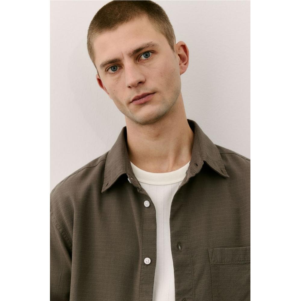 H M Textured sHirt Regular Fit kHaki Green