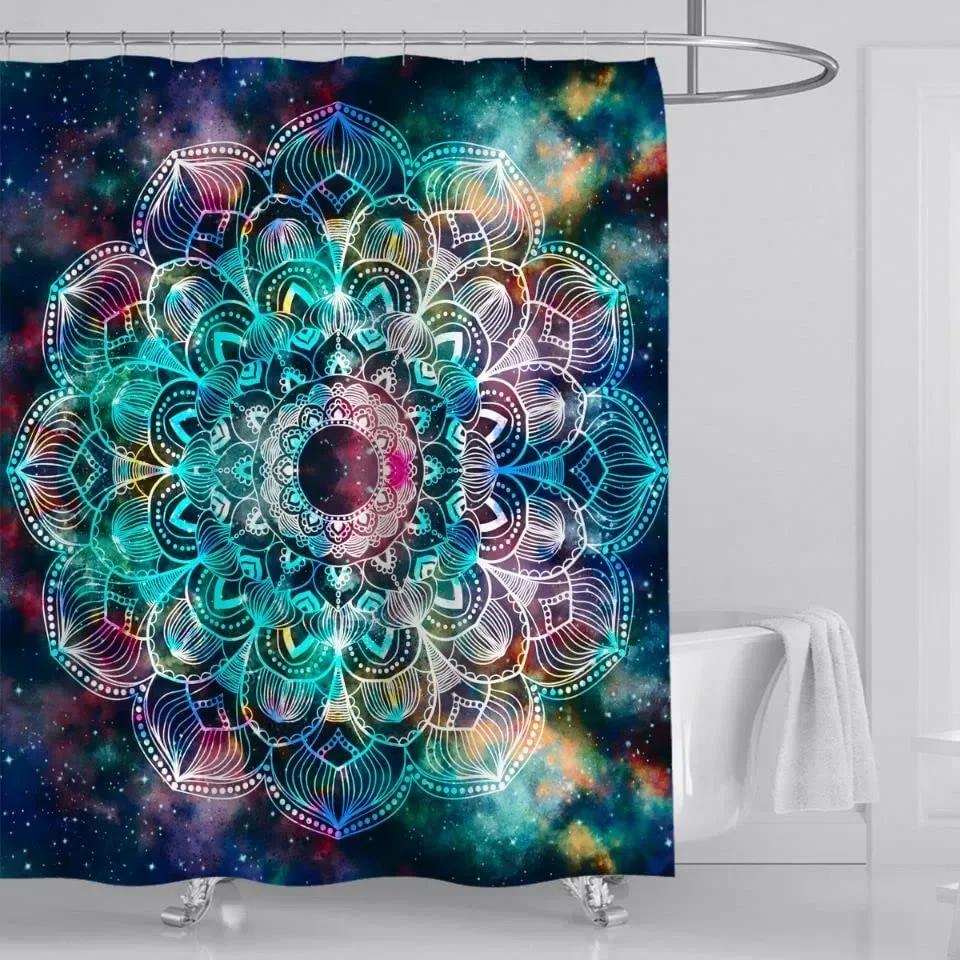 Bohemian 3D Shower Curtain, Indian Mandala Flower Green Blue Chic Color Modern Pattern Bathroom Fabric Home Decor Shower Curtain