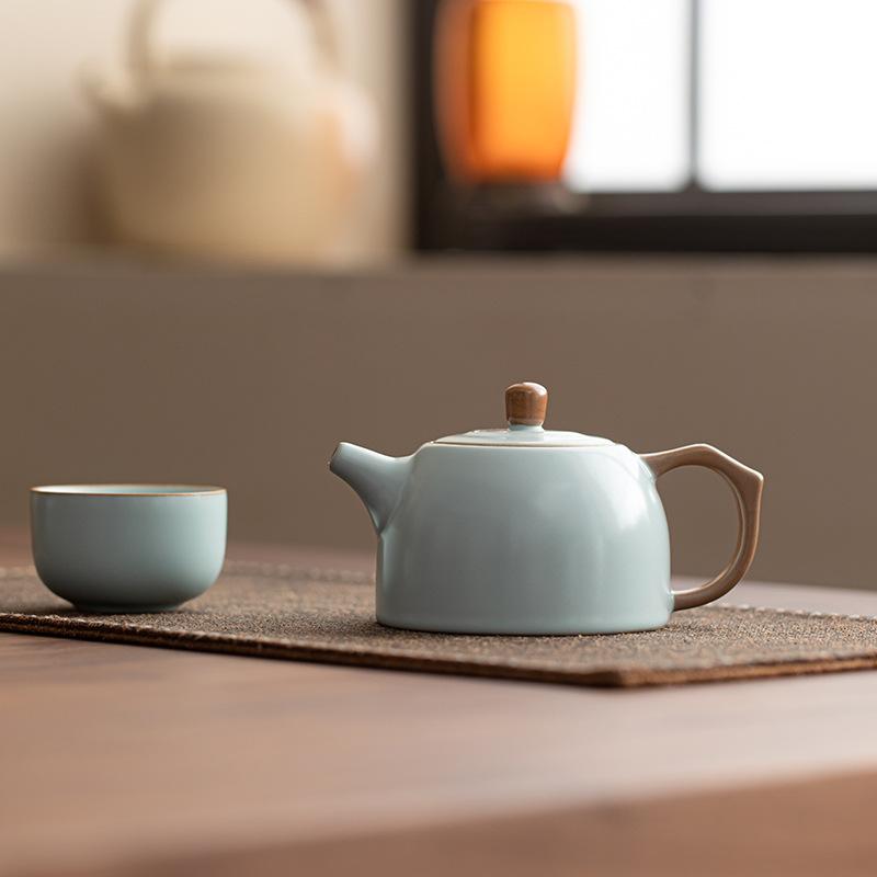 Ru Kiln Opening Single Azure Teapot Can Raise Kung Fu Tea Set Teapot Ceramic Anti-scalding Bowl Household Teacup