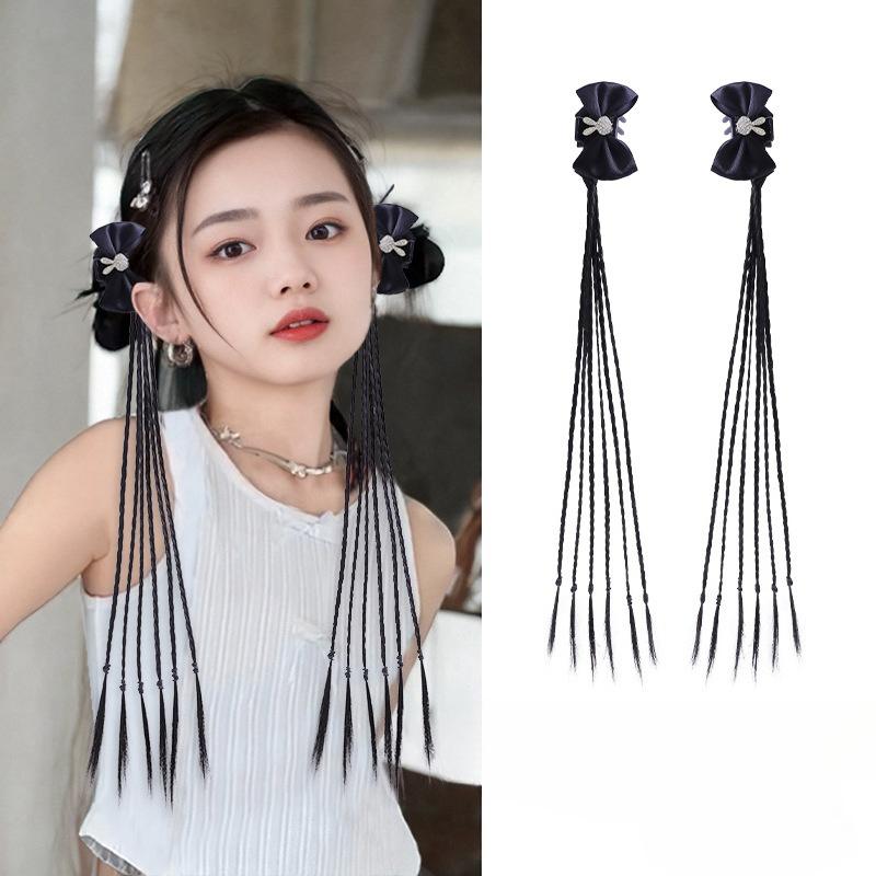 2 Pcs Korean Style Hair Ties for Kids Girls Ponytails Wig Braids with Edgy Bows Children Twist Braids Elastic Hair Accessories
