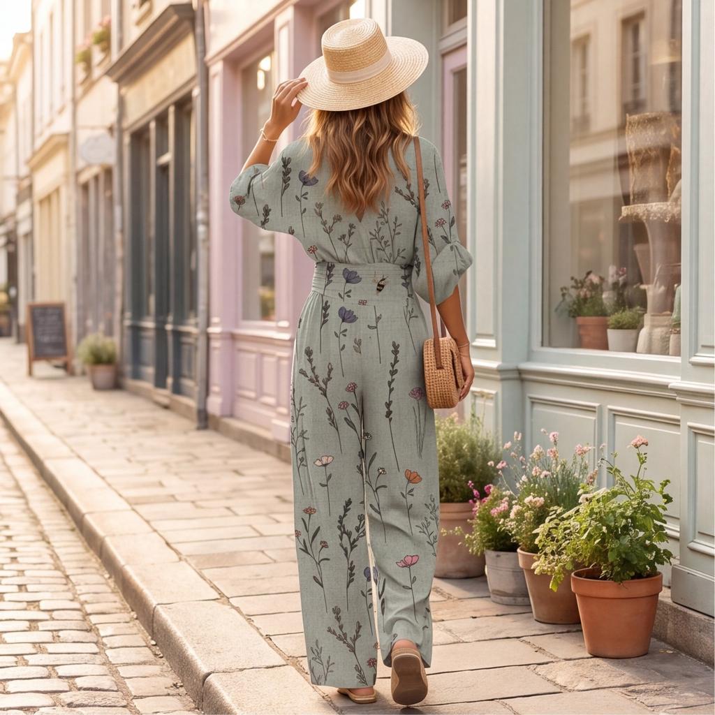 Dames Elegante V-hals Bedrukte Jumpsuit met Tailleband Losse Pasvorm Lange Mouwen Eendelig Outfit voor Casual of Formeel Gebruik