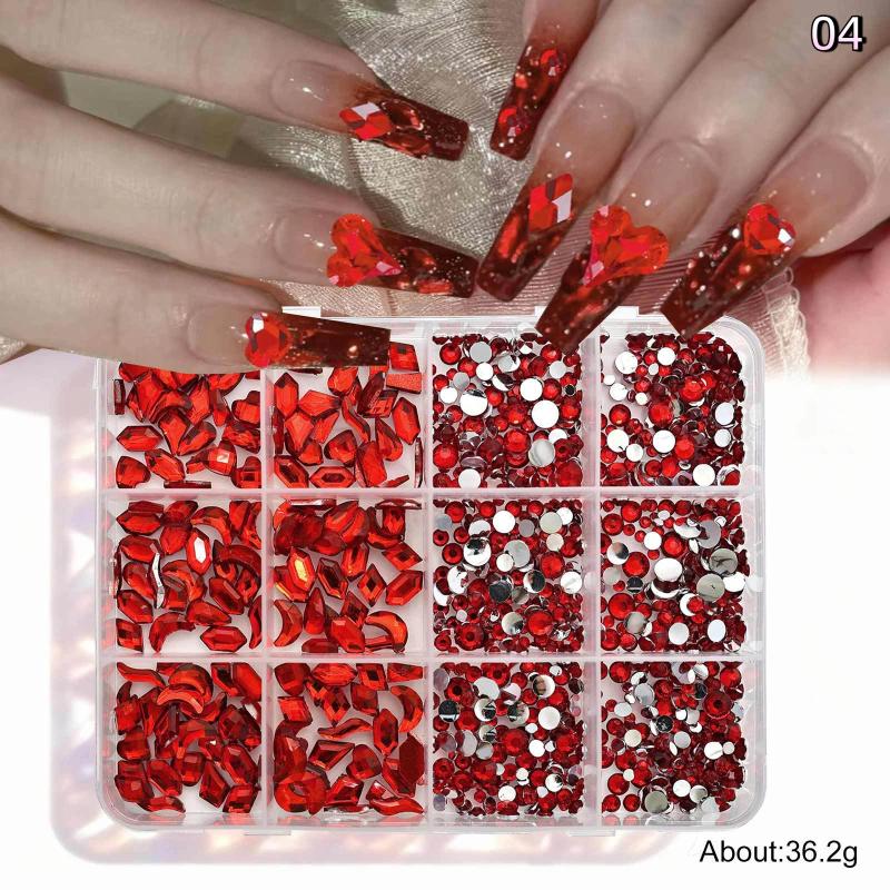 12 Grids Flat Bottom Mixed Nail Diamond 12 Color Nail Rhinestone Shiny Colorful Nail Gems Glass Stones Nail Charm