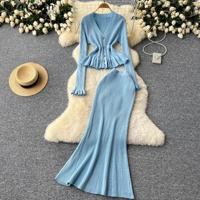 Korean Two Piece Sets Womens Outfits Long Sleeve Tunic Cropped Cardigan High Waist Bodycon Tunic Skirt Suit Fashion Knitted Set