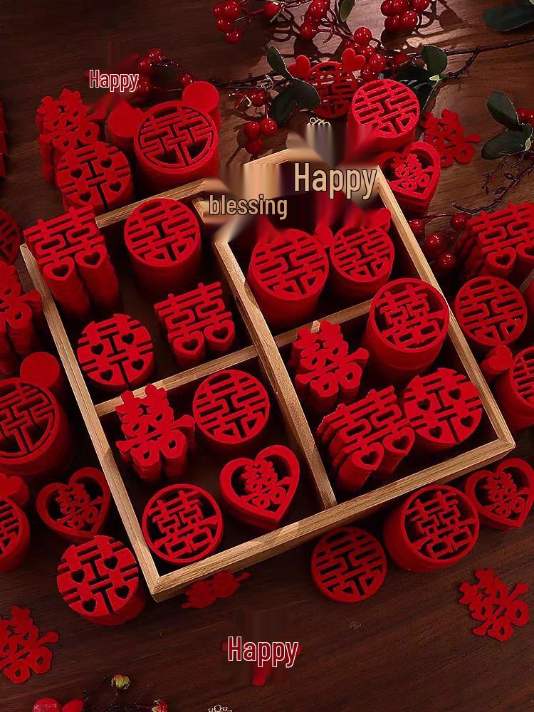 Set of Small Double Happiness Stickers for Wedding Decorations, Stairs, and Room Arrangement with Handkerchief Flowers