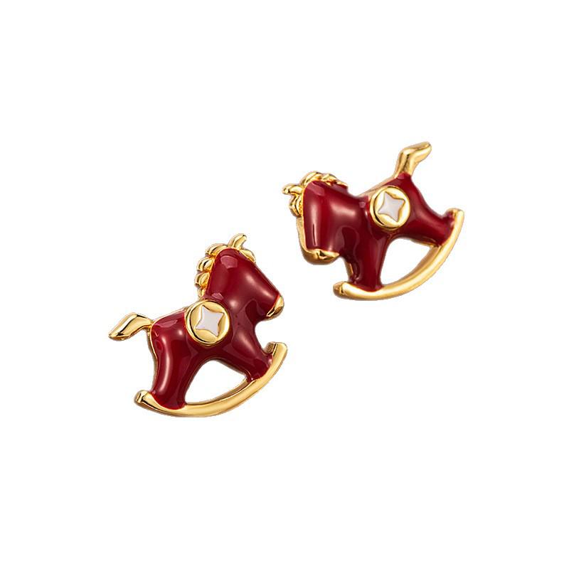 Exquisite Year of the Horse Red Glaze Rocking Horse Stud Earrings for Women – Unique, High-End Ear Jewelry
