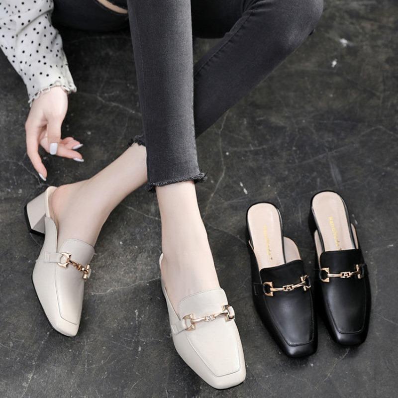 Summer Fashion Women's Cover Toe Sandals Women Half Slippers High Quality Square Heel Mules Shoe Banquet Ladies High Heels Pumps