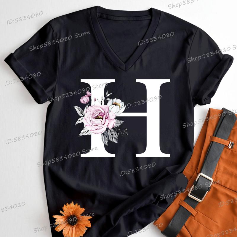 Letter B Floral T Shirts Women English Alphabet Birthday Gift Women 26 Initials Flower Classic Tops Tees Alphabet Floral Tshirt