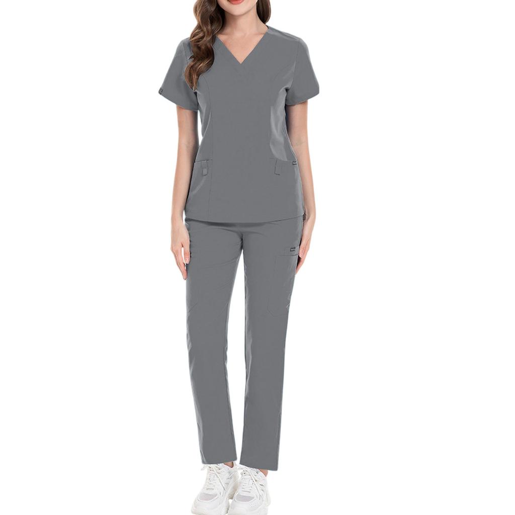 Damen Kurzarm Farb V-Ausschnitt Tasche Oberteil Hose Arbeitskleidung Zweiteiliges Set