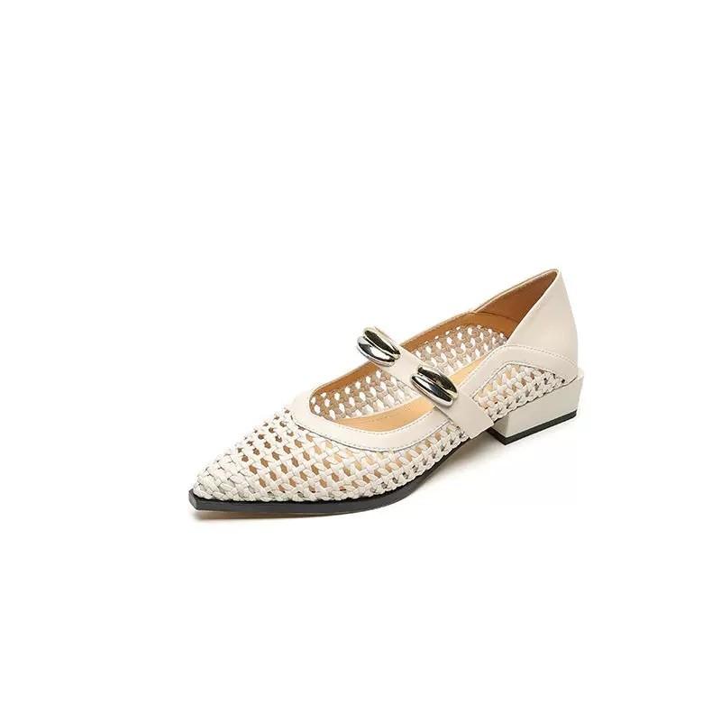 Fashion 2025 Summer French Low Heel Hollow Shallow Mouth Leather Square Head Women's Single Shoes