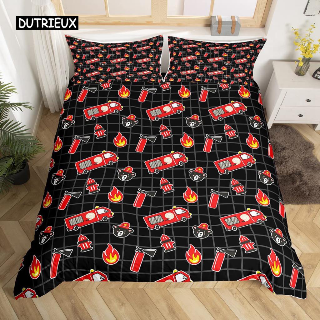 Fire Truck Duvet Cover Set Twin Size Red Firemen Car Vehicle Bedding Set Fire Engine Pattern for Boys Tire Printing Quilt Cover