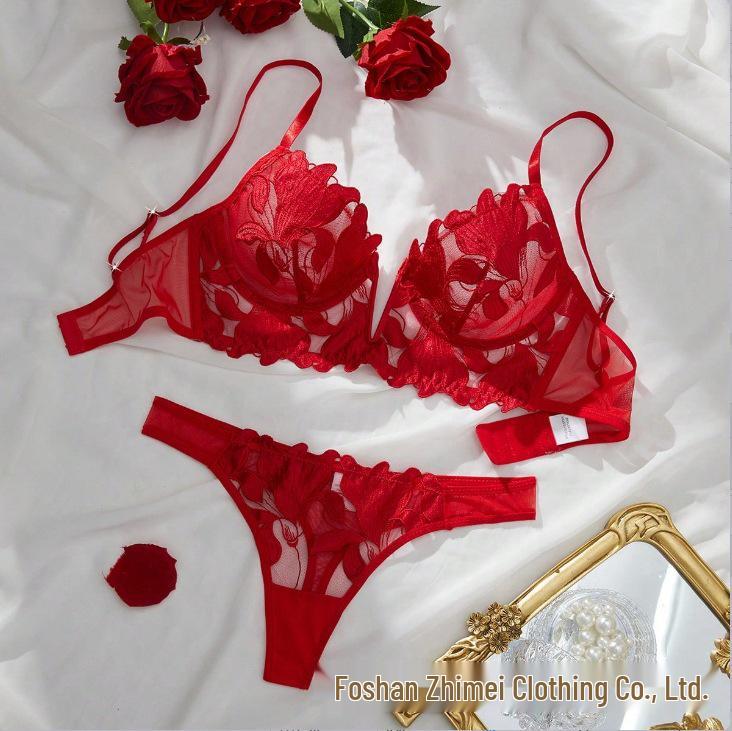 European & American Deep V Embroidered Lace Lingerie Set: Ultra-Thin Chest Minimizing Bra.