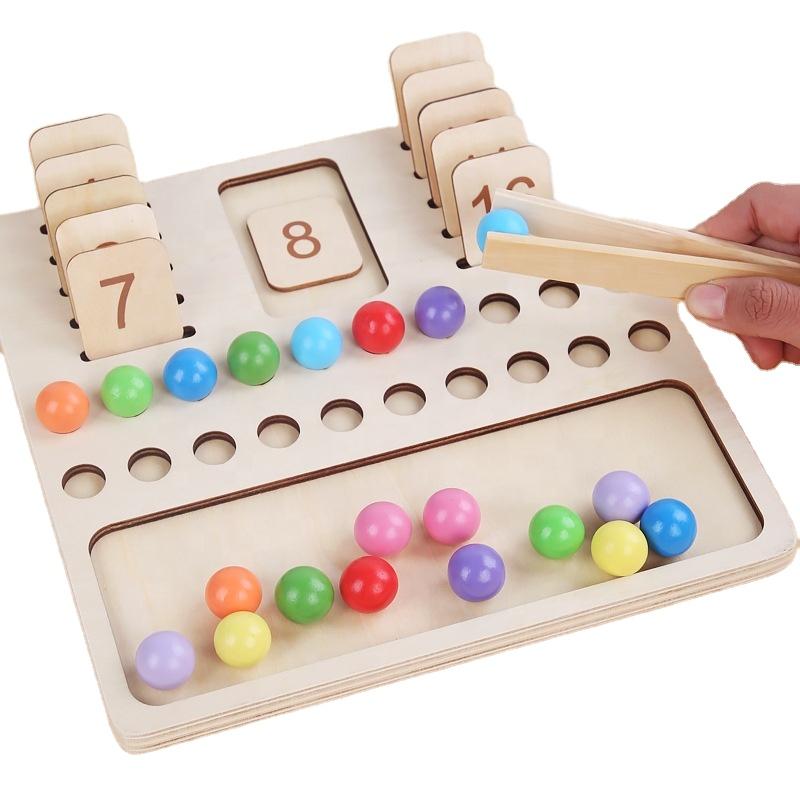 Preschool Teaching Aids Wooden Arithmetic Counting Bead Clip Two in One Toy