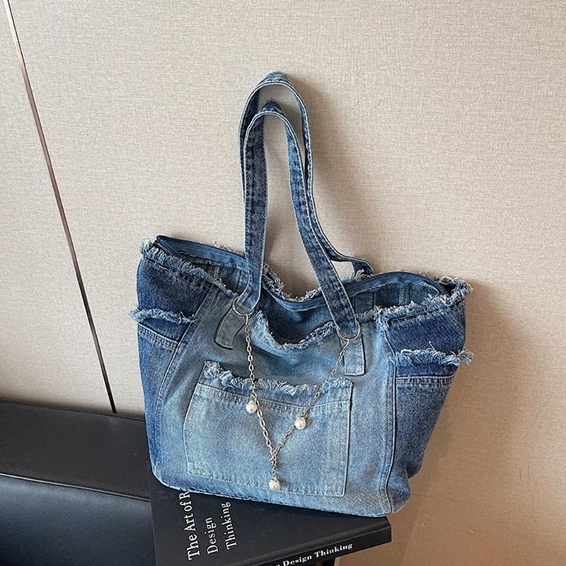 Mode Kleurverloop Ruwe Rand Denim Tote Tas Dames Veelzijdig Grote Capaciteit Ketting Handtassen Eenvoudig Werk Een Schouder Tassen CLE