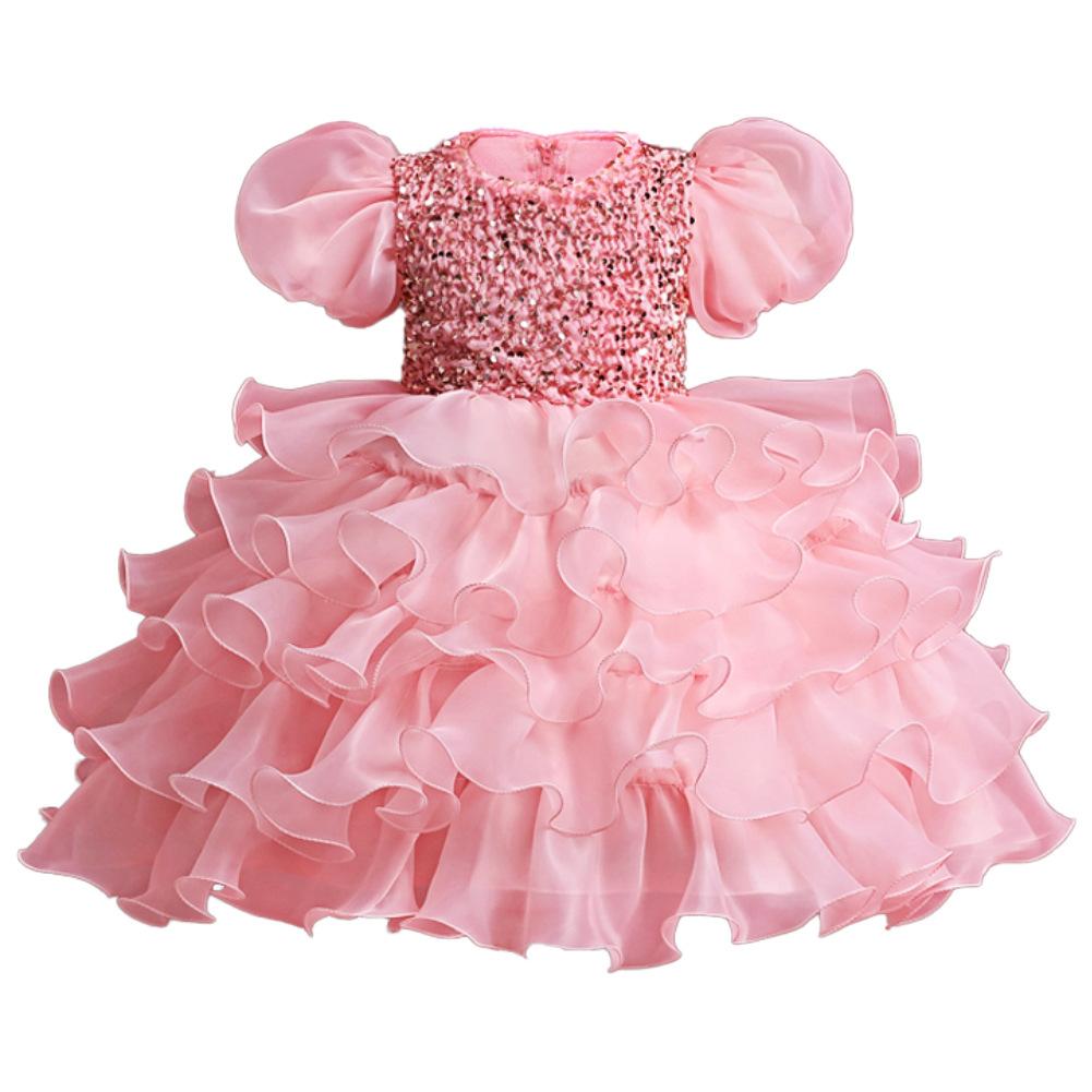 Girls Cake Tutu Dress Birthday Flower Girl Sequin Dance Performance Gown Princess Dress with Headband Breathable Mesh Formal Outfit