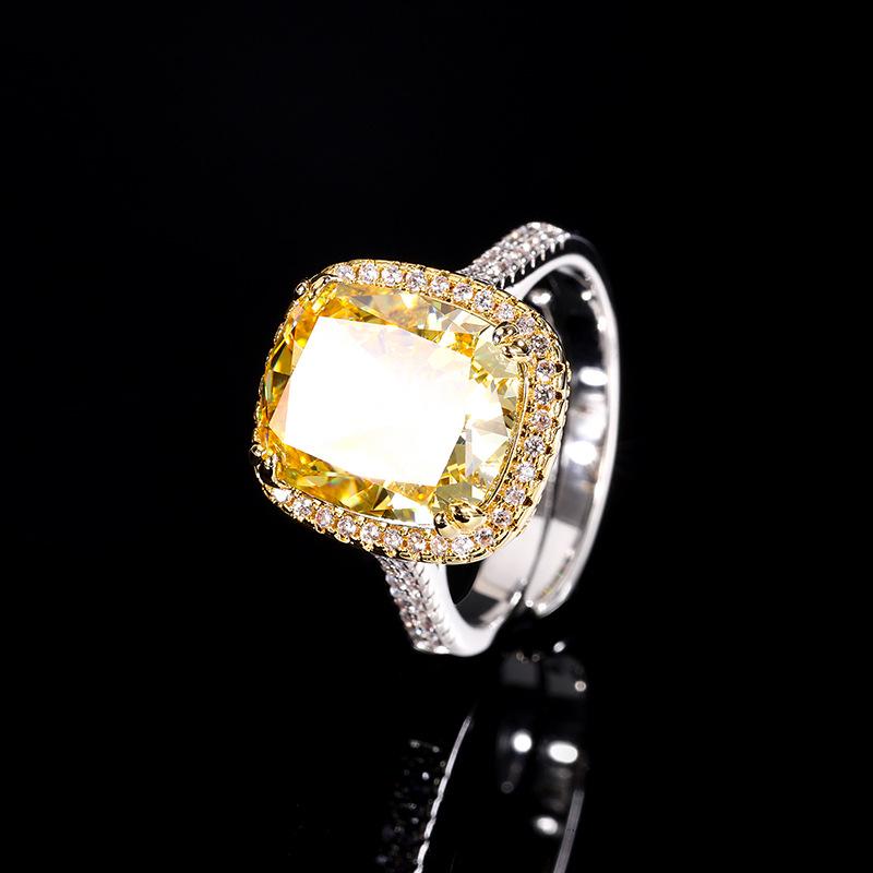 Jewelry Copper Bottom Gold-Plated High Carbon Diamond Ice Flower Square Diamond Copper Inlaid Temperament Light Luxury Fat Square Ring Women 10 * 12