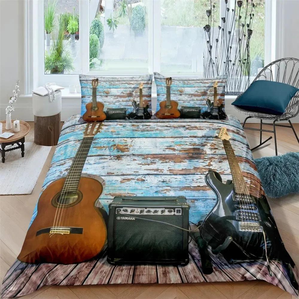 Music Guitar Bedding Set King Queen Heavy Metal Punk Rock Duvet Cover for Teen Boy Musical Note Polyester Comforter Cover