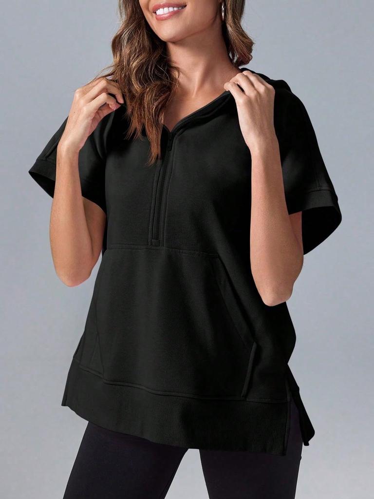 Women's Oversized Half Zip Hoodie Short Sleeve Pullover Sweatshirt Top with Pockets