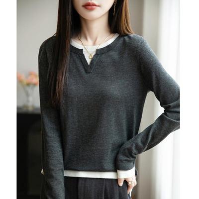 Pull-over polyvalent à manches longues en tricot de laine pour femme Automne/Hiver 2025, col rond, aspect deux pièces