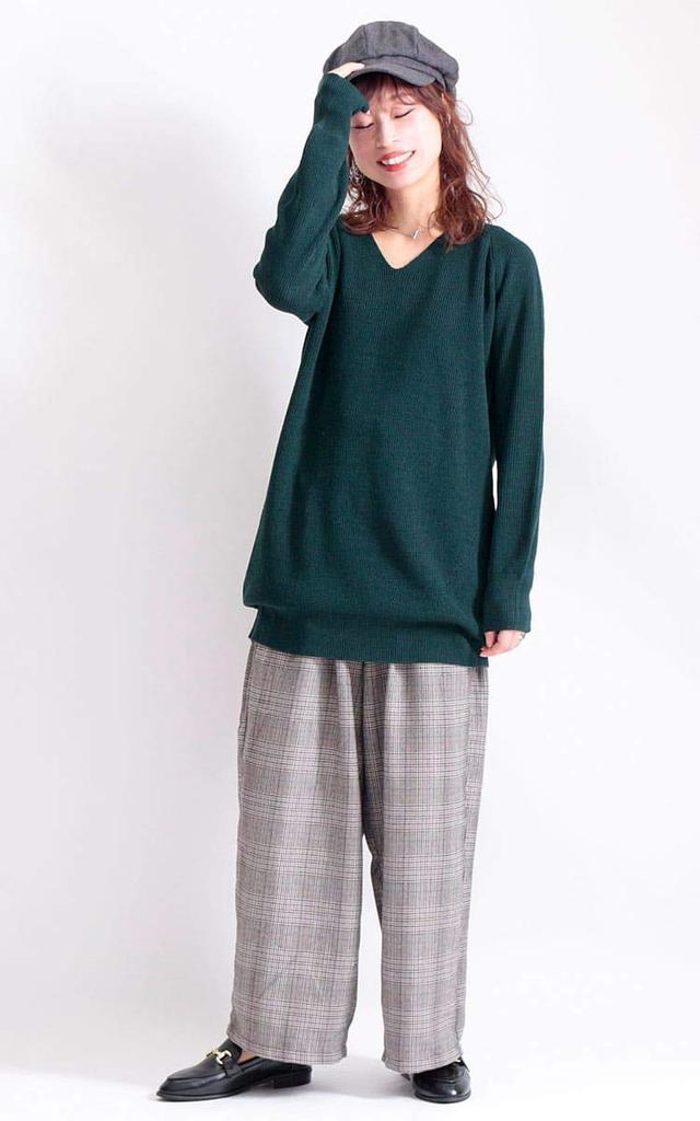 Gold Japan Plus Size Knit Long Long Green Women's Top, V-Neck, Sleeves, suri-3211, 5L,