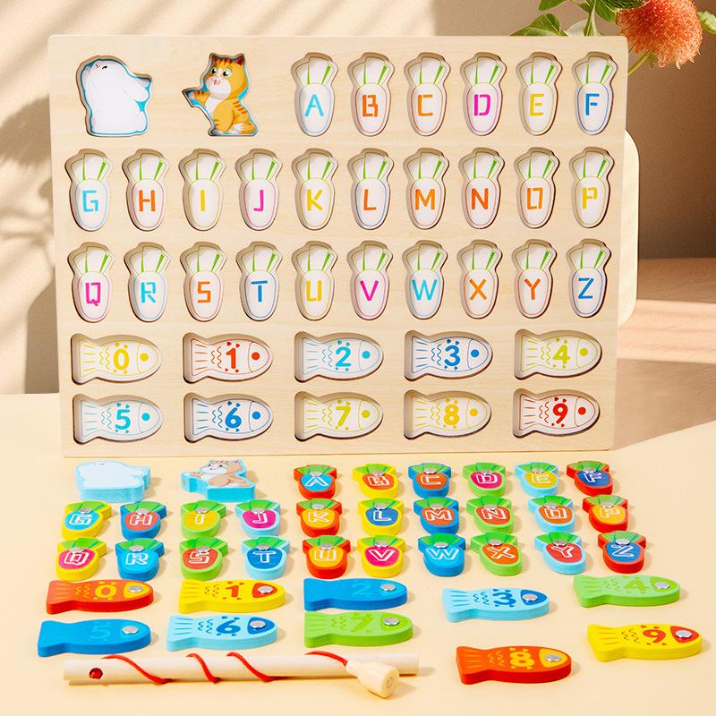 Children'S Early Education Puzzle Color Alphanumeric Cognitive Pairing Fishing Wooden Desktop Interactive Game